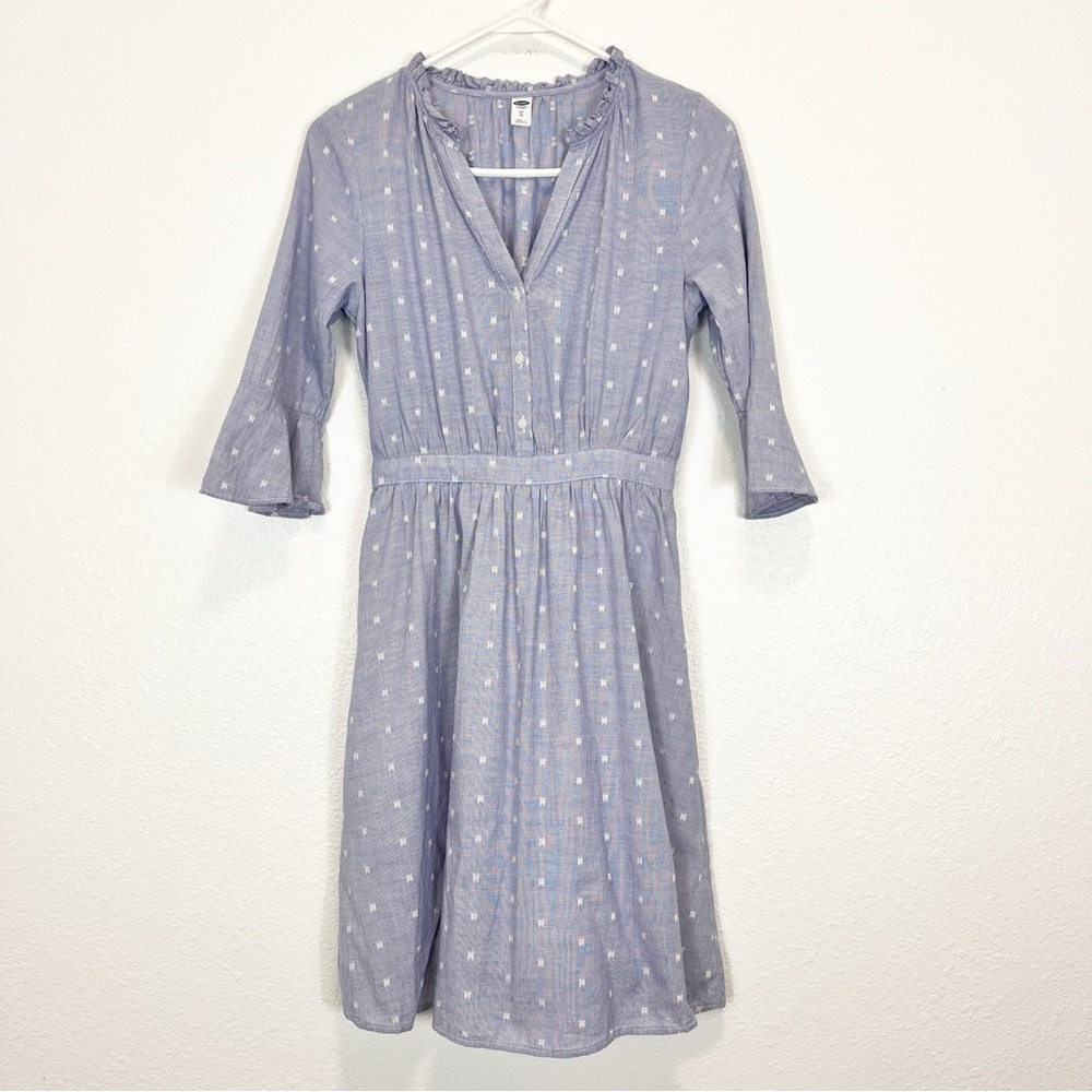 Old Navy Light Blue/White Elastic Waist Cotton 3/4 Sleeve Summer Dress XS
